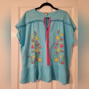 NWOT XL The Pioneer Woman Blue Floral Embroidered Blouse